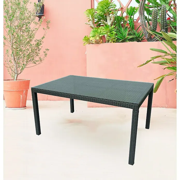 Sunfun Mesa de jardín Neila - L x An x Al: 150 x 100 x 75 cm, Aluminio/Ratán sintético, Gris plata - Una elegante mesa de ratán negra con tapa de cristal, perfecta para uso exterior y horas de relax en el jardín o en la terraza.