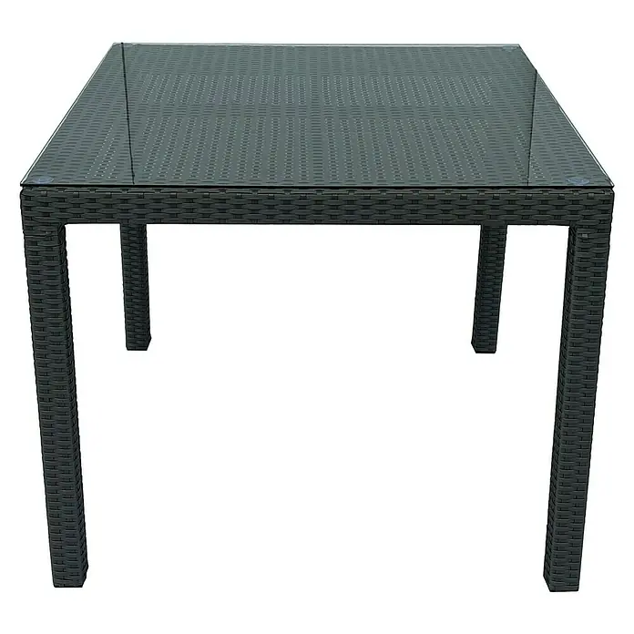 Sunfun Mesa de jardín Neila - L x An x Al: 90 x 90 x 75 cm, Aluminio/Ratán sintético, Gris plata - Una mesa de jardín negra con una tapa de vidrio transparente, ideal para uso en exteriores. El marco de la mesa está hecho de ratán.