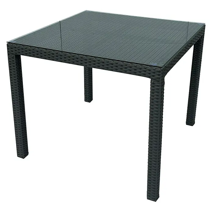 Sunfun Mesa de jardín Neila - L x An x Al: 90 x 90 x 75 cm, Aluminio/Ratán sintético, Gris plata - Mesa de jardín moderna con una tapa de vidrio y un marco de ratán gris para uso exterior.