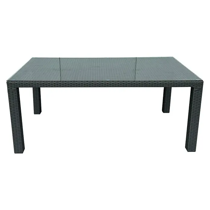 Sunfun Mesa de jardín Neila - L x An x Al: 180 x 100 x 75 cm, Aluminio/Ratán sintético, Gris plata - Elegante mesa de comedor de exterior con tablero de vidrio y estructura de ratán oscuro.
