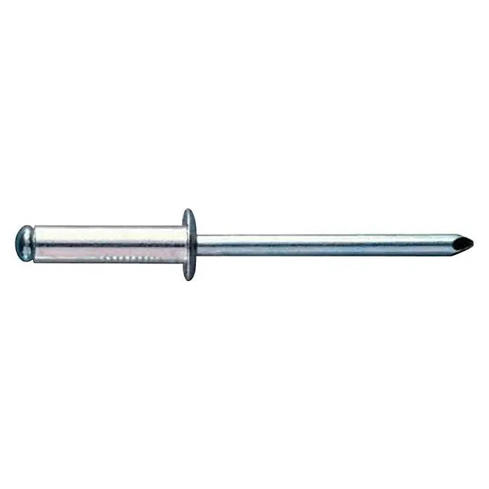 Remache bola - Diámetro de remache: 4 mm, Longitud de remache: 30 mm, 250 ud. - La imagen muestra un remache ciego de color plateado, un elemento de fijación utilizado en diversas aplicaciones, sobre un fondo negro.