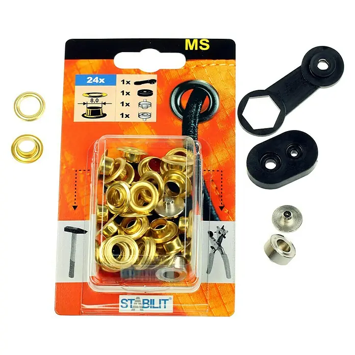 Stabilit Öse - Durchmesser: 8 mm, Vermessingt, 24 Stk. - Set mit 24 Ösen von Stabilit MS, ideal zum Verstärken von Löchern in Stoffen, Planen oder Lederwaren. Inklusive Werkzeug zur einfachen Anbringung.