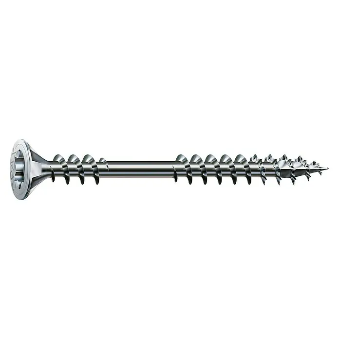 Spax Verlegeschraube T-Star PlusØ x L: 4,5 x 60 mm, WIROX Oberfläche, 150 Stk., Fixiergewinde - SPANAX-Schraube im Detail, glänzendes Metall mit scharfen Gewinden. Ideal für Holzkonstruktionen und Heimwerkerprojekte.