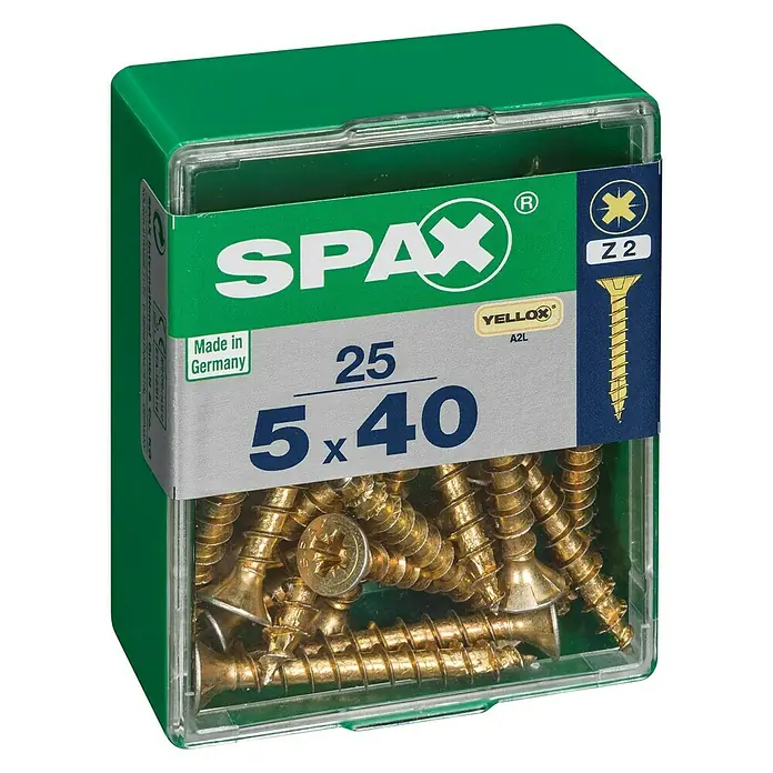 Spax Universalschraube - 5 x 40 mm, Vollgewinde, 25 Stk. - Bild einer grünen Spax-Box mit 25 gelben 5 x 40 Schrauben, die hochwertigen und langlebigen Schrauben für verschiedene Anwendungen enthält.