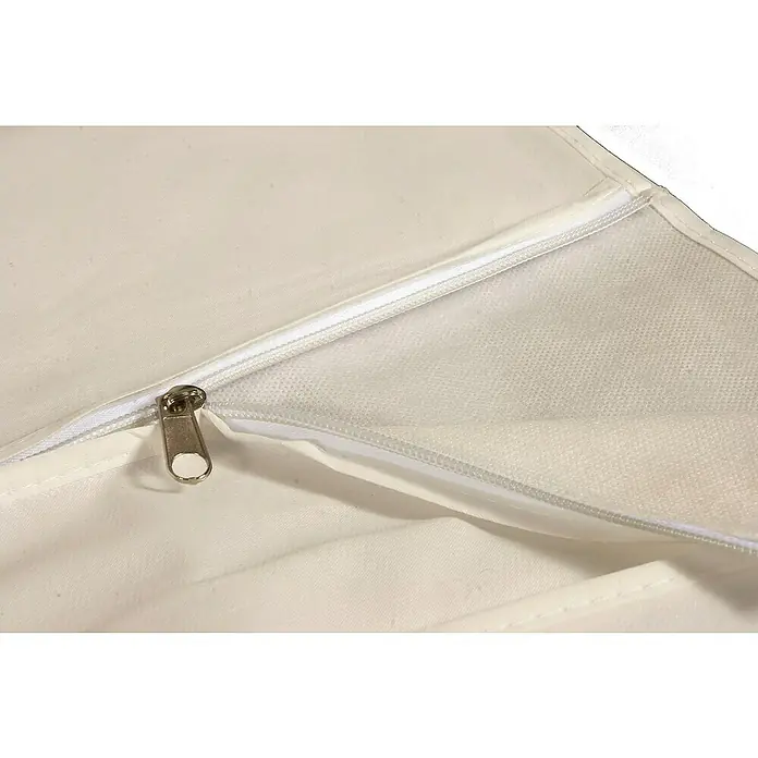 Simonrack Funda de estantería - An x Pr x Al: 100 x 30 x 200 cm, Blanco - Primer plano de una funda de tela blanca con cremallera, parcialmente desabrochada para revelar un tejido de malla debajo.