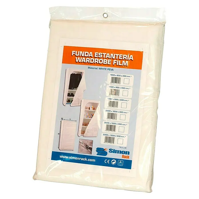 Simonrack Funda de estantería - An x Pr x Al: 100 x 30 x 200 cm, Blanco - Funda para armario de film PEVA blanco empaquetada de Simon Rack, ideal para proteger la ropa y los objetos del polvo.
