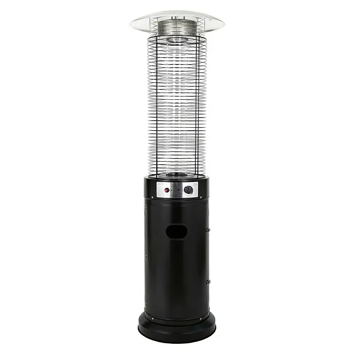 Estufa de exterior Fulmo Plus - 13 kW, Altura: 180 cm, Negro - Un elegante calefactor de patio negro con un elemento calefactor cilíndrico brillante que proporciona calidez y ambiente para espacios exteriores.