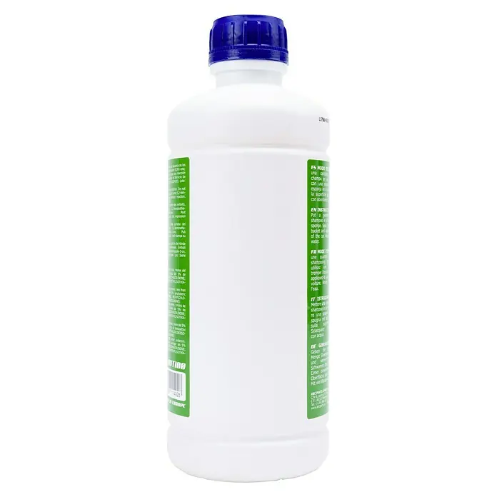 Detergente para automóvil - 1 l - Botella de champú para coches con tapa azul y una etiqueta con instrucciones en varios idiomas.