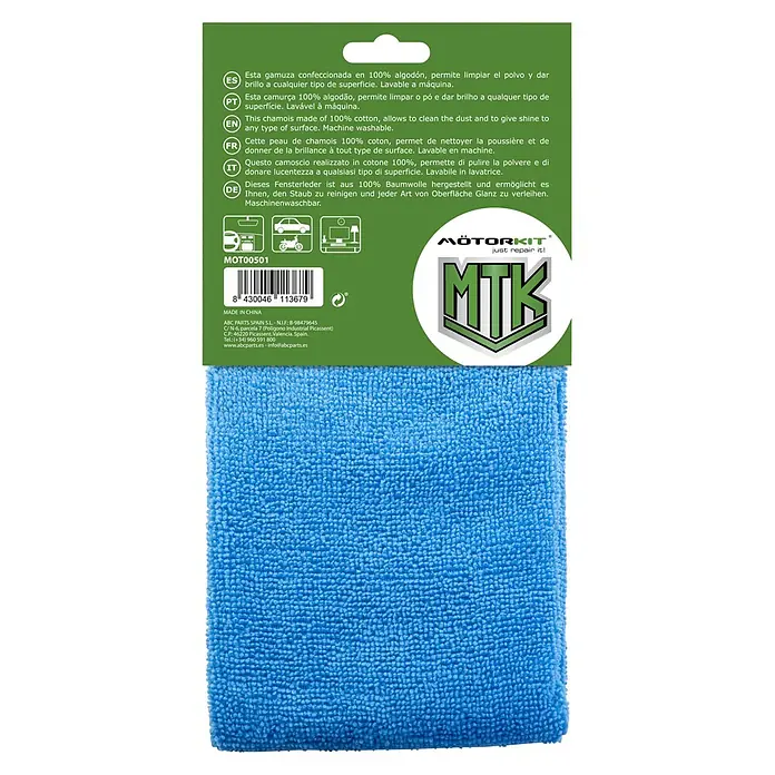 Bayeta de interior y exterior - 1 ud., Algodón - Imagen de una gamuza azul MÖTORKIT MTK hecha de 100% algodón, ideal para limpiar y pulir diversas superficies.