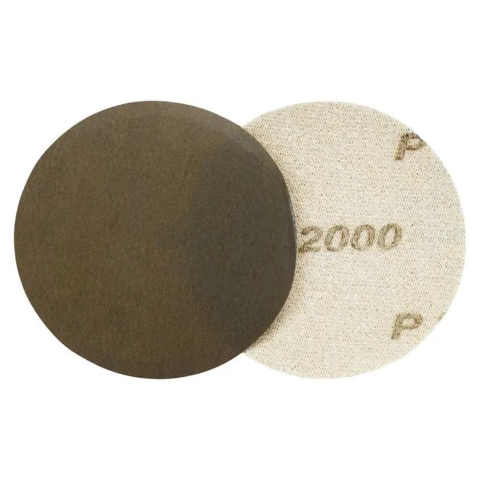Juego de reparación de faros - 9 pzs. - Primer plano de discos de lijado, frente gris oscuro y parte trasera clara con la marca "2000", ideales para pulir y alisar.