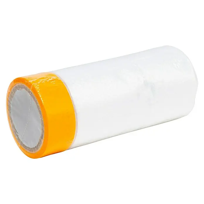 Juego de reparación de faros - 9 pzs. - Un rollo de film protector para trabajos de pintura, parcialmente cubierto con cinta adhesiva naranja, sobre un fondo negro neutro.