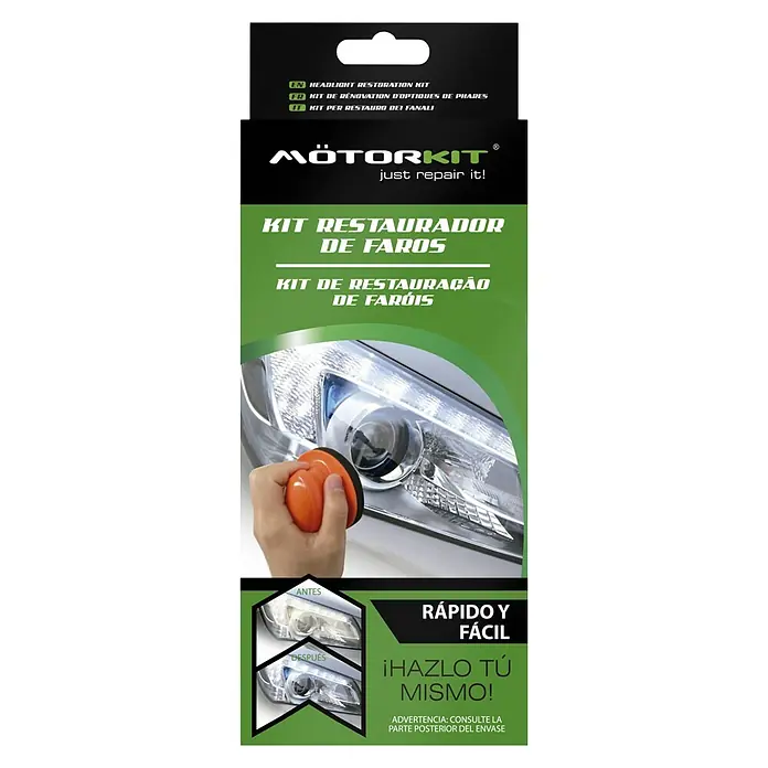 Juego de reparación de faros - 9 pzs. - Kit de restauración de faros Mötorkit. Limpia los faros amarillentos de forma rápida y sencilla para una visión clara y mayor seguridad.