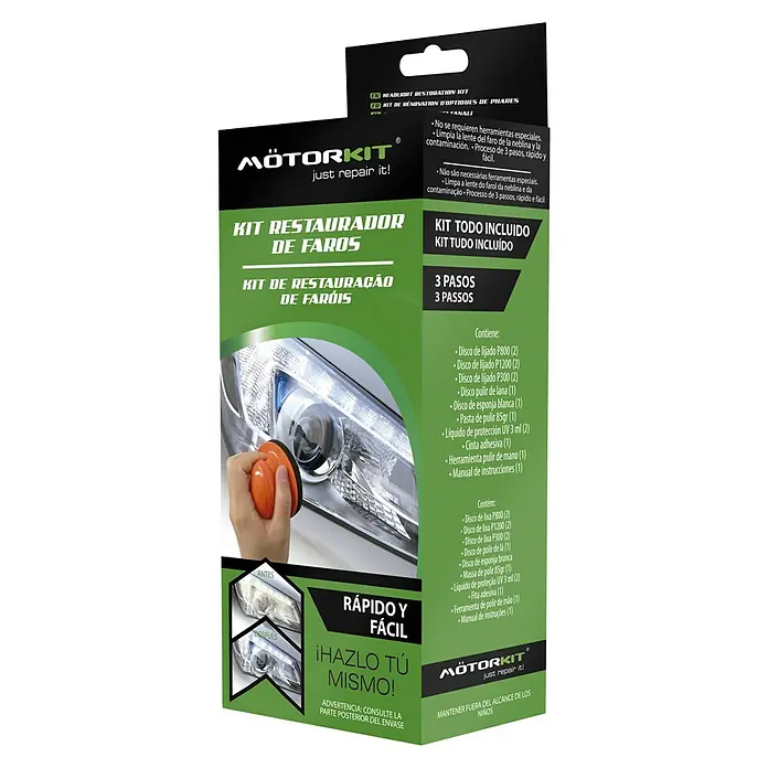 Juego de reparación de faros - 9 pzs. - Kit de restauración de faros Mötorkit para una renovación sencilla de los faros. Incluye discos de lijado, lana de pulido, esponja, pulimento y protección UV.