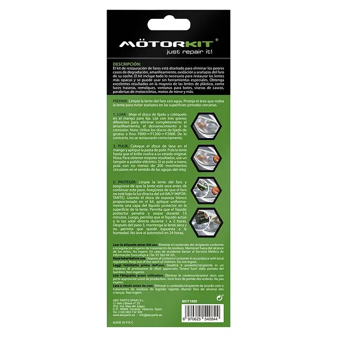 Juego de reparación de faros - 9 pzs. - Kit de restauración de faros MotorKit: elimina daños, amarilleamiento, oxidación y arañazos. Para una visión clara y seguridad vial.