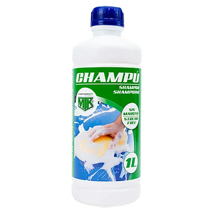 Detergente para automóvil - 1 l - Imagen de una botella de champú para coches con tapón azul y etiqueta que representa una mano con esponja.
