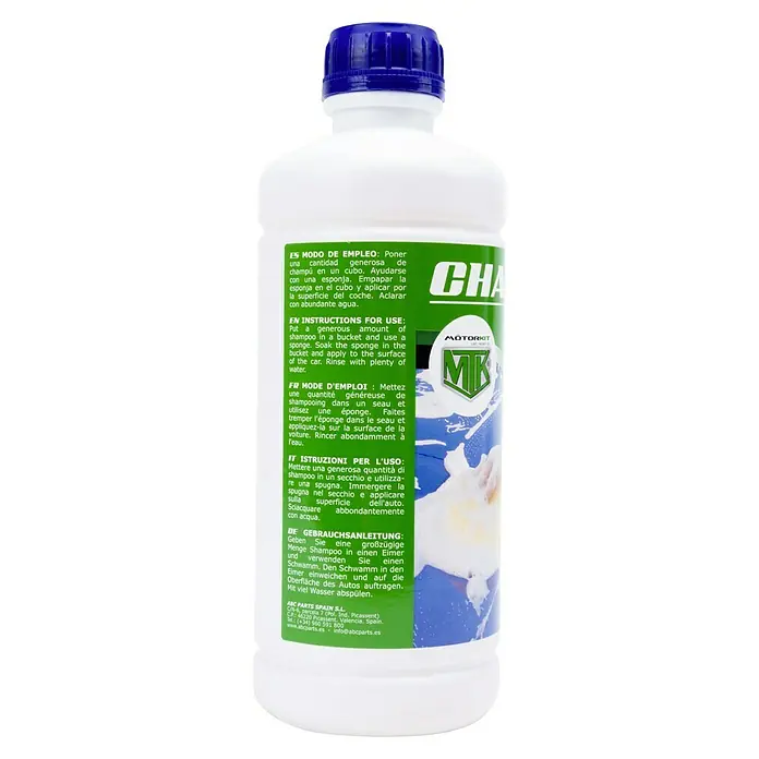 Detergente para automóvil - 1 l - Imagen del producto de una botella de champú para coches Motorkit con instrucciones en varios idiomas.