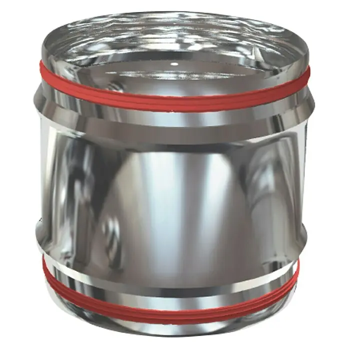 Practic Manguito de unión para tubos pared simple M-M - Diámetro: 175 mm, Inox - Primer plano de un recipiente metálico con sellos rojos, que representa un componente industrial o técnico.