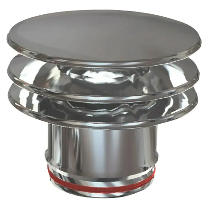 Practic Sombrerete pared simple - 175 mm, Acero inoxidable - Primer plano de un objeto metálico brillante de varios niveles con un collar rojo, que recuerda a un accesorio de plomería.