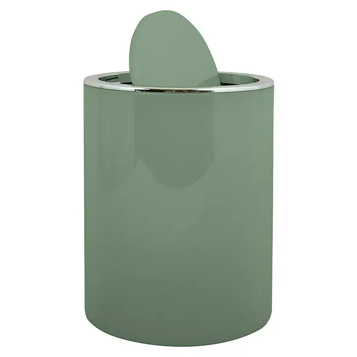 MSV Cubo de basura de baño Kamaka - 6 l, Plástico, Verde basil - Un recipiente cosmético verde oliva con un acento plateado alrededor del borde superior. El recipiente incluye una tapa a juego ligeramente entreabierta.