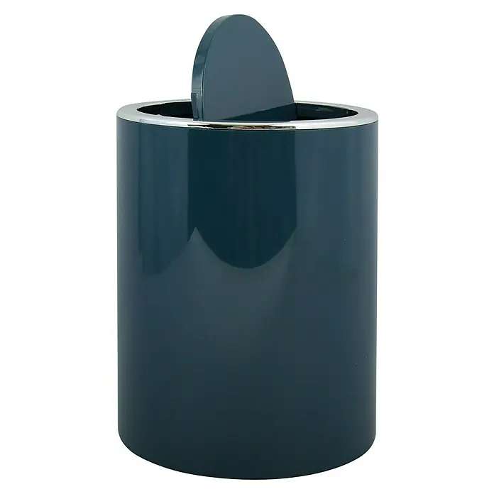 MSV Cubo de basura de baño Kamaka - 6 l, Plástico, Petrol - Este primer plano muestra una papelera cilíndrica de color azul oscuro con un borde plateado y una tapa ligeramente abierta.