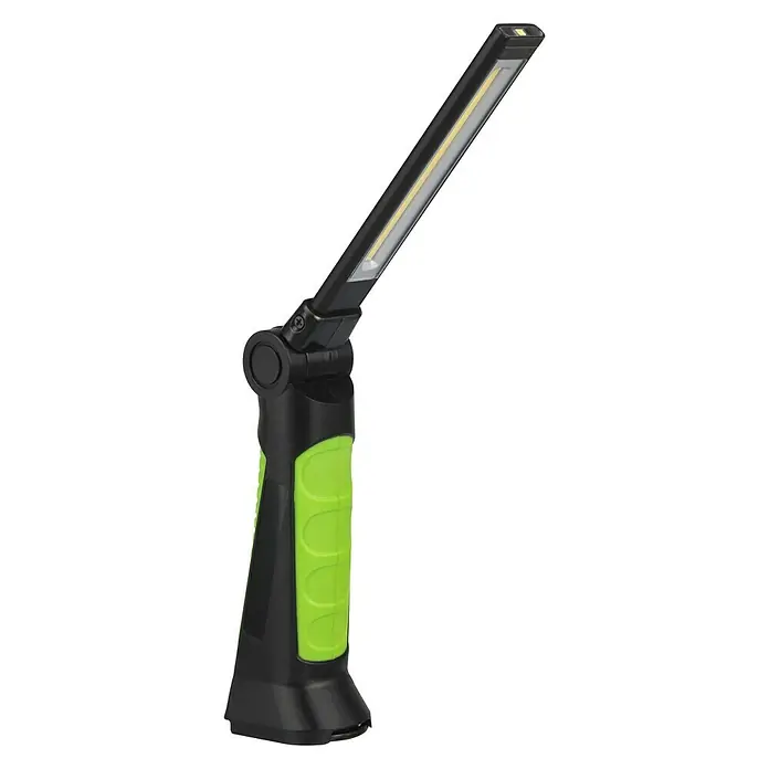 BAUHAUS LED-Arbeitsleuchte FS. 200 - 230 lm, Lichtfarbe: Neutralweiß - Dieses Bild zeigt eine schwarze Arbeitsleuchte mit einem grünen Griff und einem verstellbaren LED-Licht.
