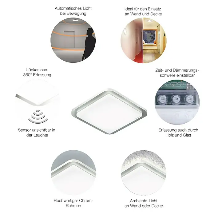 Steinel Sensor-Wand- & Deckenleuchte RS LED D2 S - 8,8 W, L x B x H: 30 x 30 x 6,5 cm, Weiß/Silber - Produktdarstellung einer quadratischen Deckenleuchte mit Bewegungssensor, ideal für Wand- und Deckenmontage.