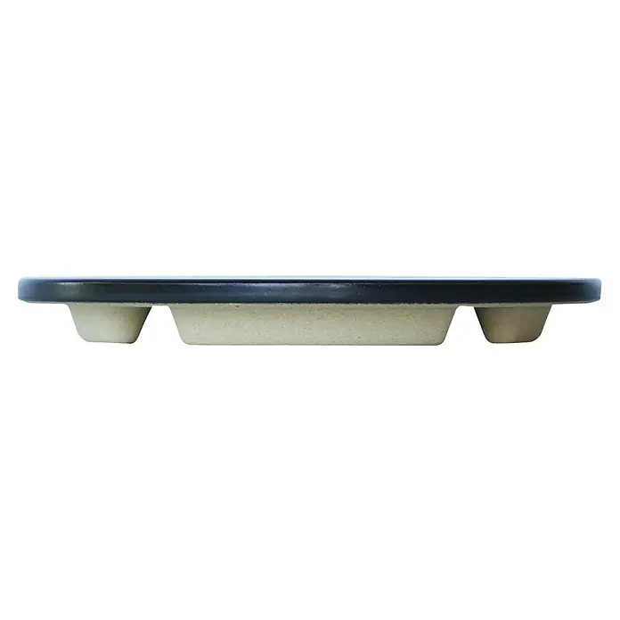 LotusGrill Pizzastein - Durchmesser: 23 cm, Passend für: Lotusgrill Holzkohlegrill S - Draufsicht auf eine schwarze Keramik-Kochfeldabdeckung mit drei beigen, zylindrischen Füßen.