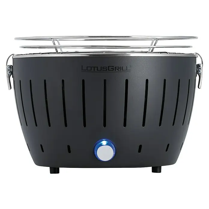 LotusGrill Holzkohlegrill Classic - Durchmesser Grillfläche: 34 cm, Schwarz - LotusGrill Holzkohlegrill in Anthrazit mit Edelstahlrost und Bedienknopf. Kompakter, raucharmer Grill für Balkon und Garten.