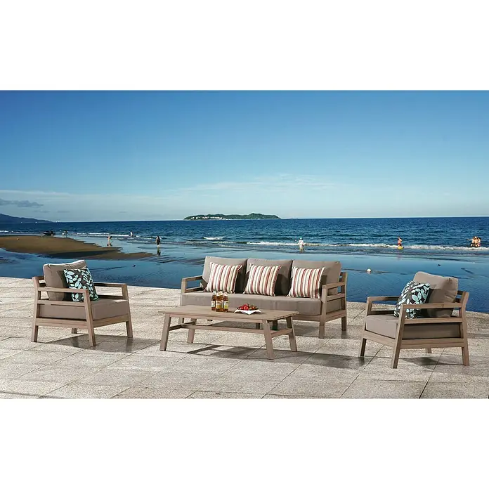 Sunfun Conjunto de muebles Bali - 4 pzs., Enviro Imitation Wood®, Camel/Taupe - Elegante conjunto de muebles de exterior con sofá, sillones y mesa. Perfecto para relajarse al aire libre con cojines cómodos y diseño moderno.