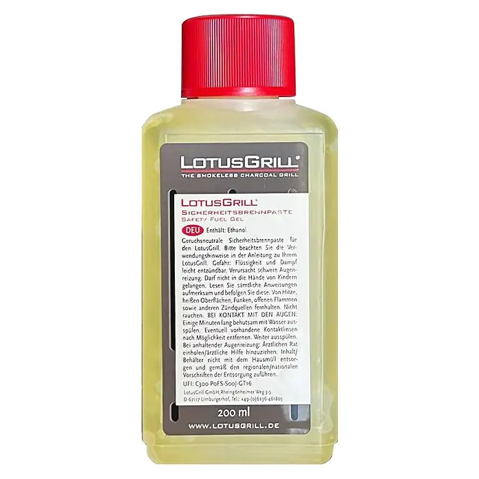LotusGrill Sicherheitsbrennpaste Bioethanol - 200 ml - Eine Flasche LotusGrill Sicherheits-Brennpaste, ein geruchsneutrales Sicherheits-Brenn-Gel für rauchfreies Grillen.