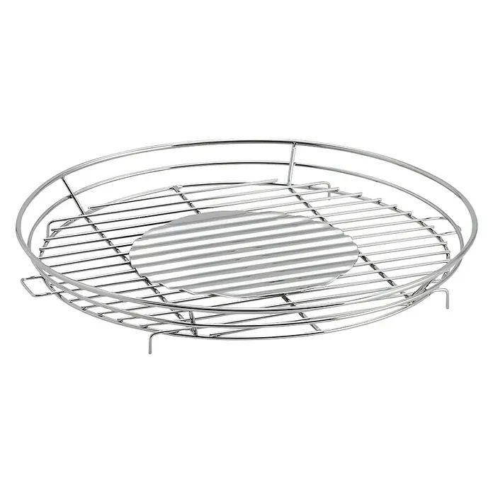 LotusGrill Ersatz-Grillrost - Edelstahl, Passend für: Lotusgrill Holzkohlegrill S - Dieses Bild zeigt einen runden, verchromten Grillrost mit einem runden Metalleinsatz in der Mitte, ideal für Grillliebhaber.