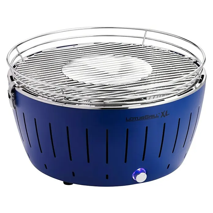 LotusGrill Holzkohlegrill XL - Durchmesser Grillfläche: 43 cm, Tiefblau - Blauer LotusGrill XL Holzkohlegrill mit runder Grillfläche und Belüftungsöffnungen für schnelles, rauchfreies Grillen im Freien.