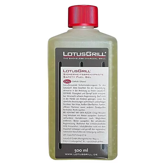 LotusGrill Sicherheitsbrennpaste Bioethanol - 500 ml - LotusGrill Sicherheitsbrennpaste, 500 ml Flasche mit transparentem Korpus, rotem Deckel und grauem Etikett mit weißem Text.