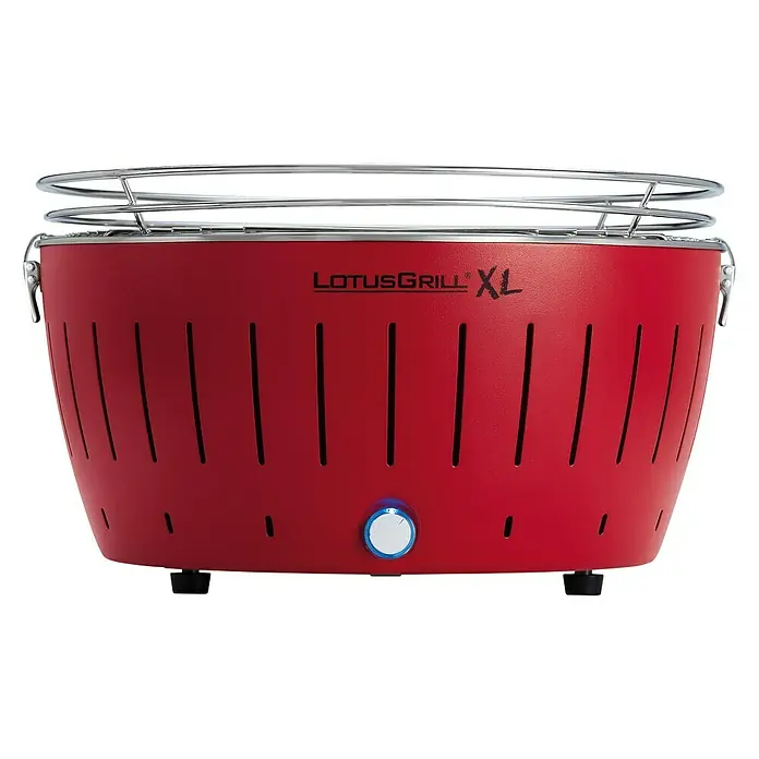 LotusGrill Holzkohlegrill XL - Durchmesser Grillfläche: 43 cm, Feuerrot - Roter LotusGrill XL Holzkohlegrill für den Außenbereich mit verchromtem Grillrost und Lüftungssteuerung für raucharmes Grillen.