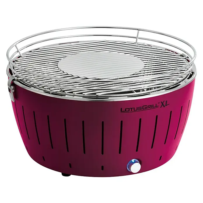 LotusGrill Holzkohlegrill XL - Durchmesser Grillfläche: 43 cm, Pflaumenlila - Der LotusGrill XL ist ein raucharmer Holzkohlegrill in Weinrot mit einem runden Grillrost und einem praktischen Lüfter für schnelles Anheizen.