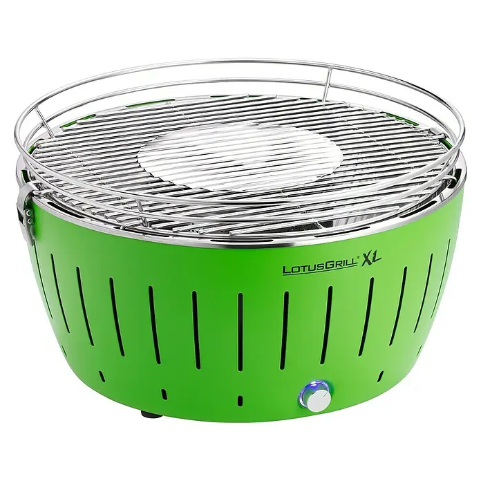 LotusGrill Holzkohlegrill XL - Durchmesser Grillfläche: 43 cm, Limettengrün - Der LotusGrill XL ist ein tragbarer, raucharmer Holzkohlegrill in auffälligem Grün, ideal für Grillabende im Freien.