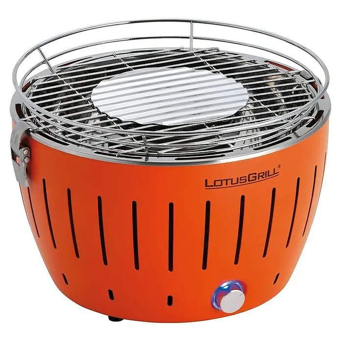 LotusGrill Holzkohlegrill S - Durchmesser Grillfläche: 26 cm, Mandarinenorange - LotusGrill Holzkohlegrill in Orange mit runder Grillfläche und Belüftungsschlitzen für ein schnelles, rauchfreies Grillerlebnis.