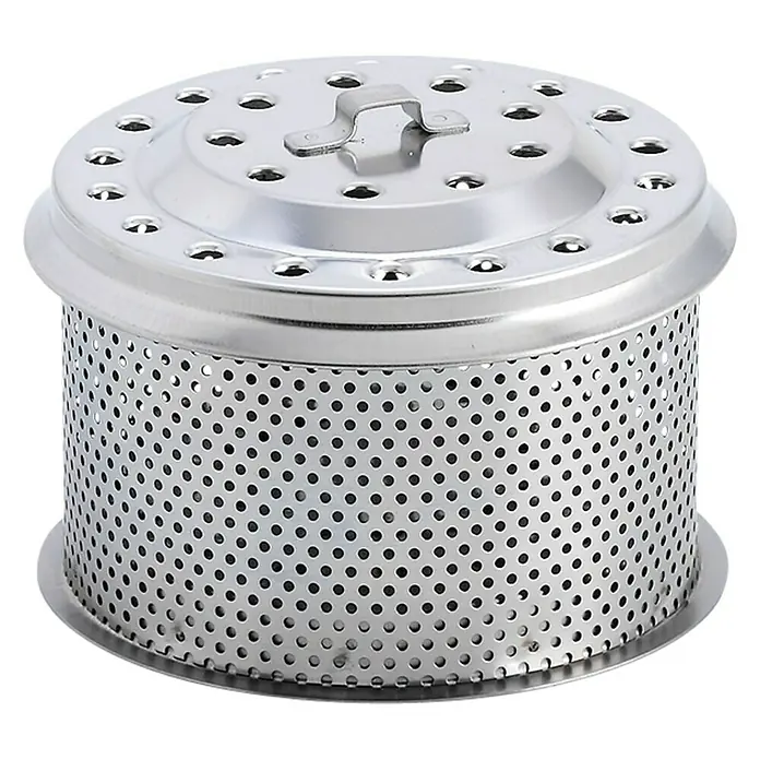 LotusGrill Edelstahlkohlebehälter S - Edelstahl, Passend für: Lotusgrill Holzkohlegrill S - Ein perforierter, zylindrischer Edelstahl-Dampfgarer mit Deckel und Griff, ideal zum Dünsten von Speisen.