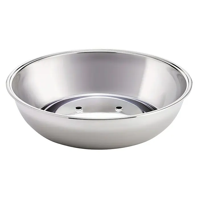 LotusGrill Innenschüssel - Edelstahl, Passend für: Lotusgrill Holzkohlegrill XXL - Nahaufnahme einer glänzenden, leeren Metallschüssel mit zwei Löchern am Boden. Die Schüssel hat eine glatte, reflektierende Oberfläche.