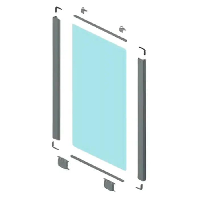 Adinor Herraje para puerta corredera de armario GSO-GI70 - Largo: 200 cm, Blanco - Imagen de un panel de ducha desmontado, que muestra un panel de vidrio azul rodeado de marcos y accesorios grises. Representa un panel de ducha.