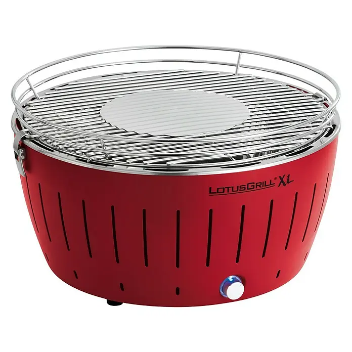LotusGrill Holzkohlegrill XL - Durchmesser Grillfläche: 43 cm, Feuerrot - Roter LotusGrill XL Holzkohlegrill mit silbernem Grillrost, ideal für rauchfreies Grillen im Freien.