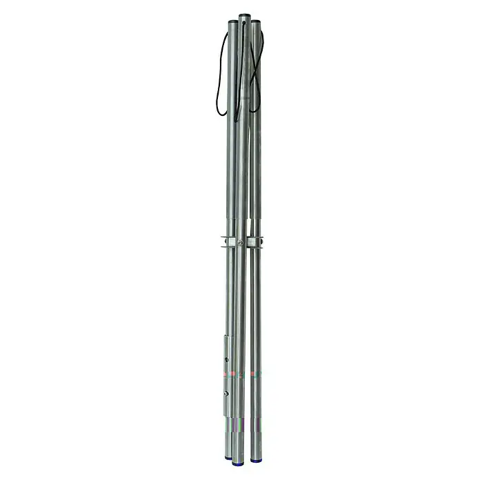 LotusGrill Grillständer Universal - Edelstahl, Passend für: Lotusgrill Raucharmer Holzkohlegrill S - XL - Das Bild zeigt eine dreibeinige, zusammengeklappte Stativkonstruktion aus Metall mit Kabeln. Geeignet für Präsentationen und zum Filmen.