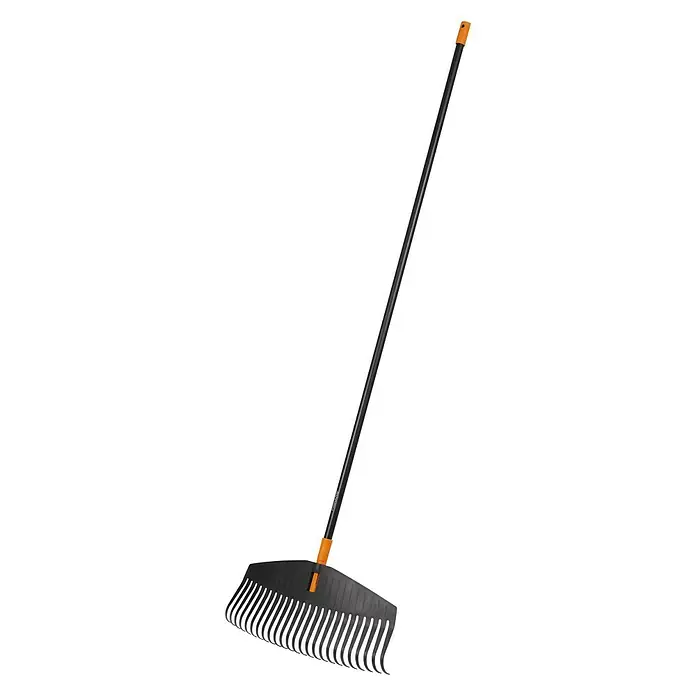 Fiskars Solid Laubbesen - Arbeitsbreite: 52 cm, Anzahl Zinken: 24, Art Stiel: Langstiel - Schwarzer Laubbesen mit orangefarbenem Griff. Ein nützliches Gartengerät, um Blätter und Gartenabfälle zu sammeln.