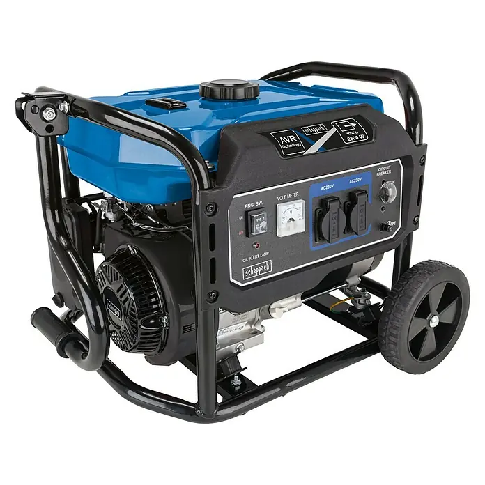 Scheppach Stromerzeuger SG3200x - Nennleistung: 2,5 kW, Tankvolumen: 15 l - Abbildung eines Scheppach Stromerzeugers mit blauem Tank, schwarzem Rahmen und Bedienfeld mit Steckdosen und Schaltern.