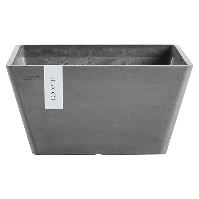 Ecopots Berlin Pflanzschale eckig - Außenmaß (L x B x H): 31,2 x 31 x 15,7 cm, Kunststoff, Grau - Grauer EcoPots Pflanzkübel im quadratischen Design mit subtiler Textur und einem weißen Markenetikett, das die stilvolle und nachhaltige Gestaltung hervorhebt.