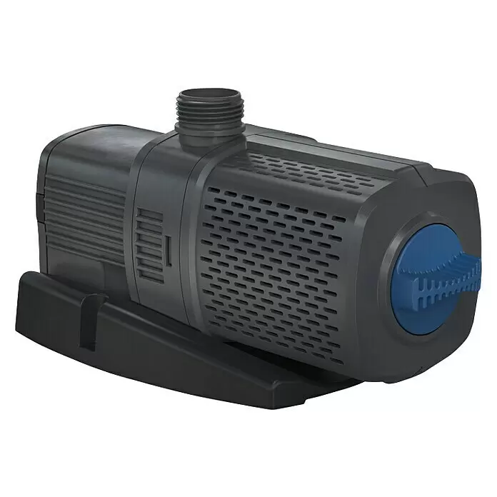 Oase Aquarius Universal Wasserspielpumpe Aquarius Universal - 40 W, Fördermenge pro Std.: 3.000 l - Dunkelgraue Tauchpumpe für Teiche mit blauem, verstellbarem Durchflussregler und Gewindeanschluss auf schwarzem Sockel.