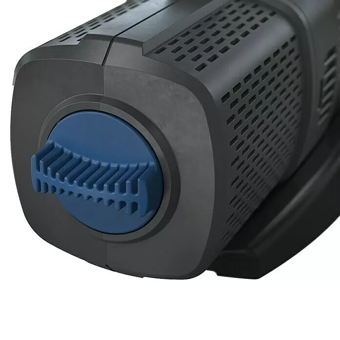 Oase Aquarius Universal Wasserspielpumpe Aquarius Universal - 40 W, Fördermenge pro Std.: 3.000 l - Dunkelgrauer Wasserfilter mit blauem gerippten Einstellrad an einem Ende.