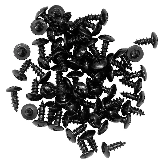 Ersatzteil-Set - 60 Stk., Passend für: Gardol Metall-Hochbeet 2x1 - Nahaufnahme einer Ansammlung von schwarzen Senkkopfschrauben mit Kreuzschlitz, ideal für verschiedene Befestigungsanwendungen.