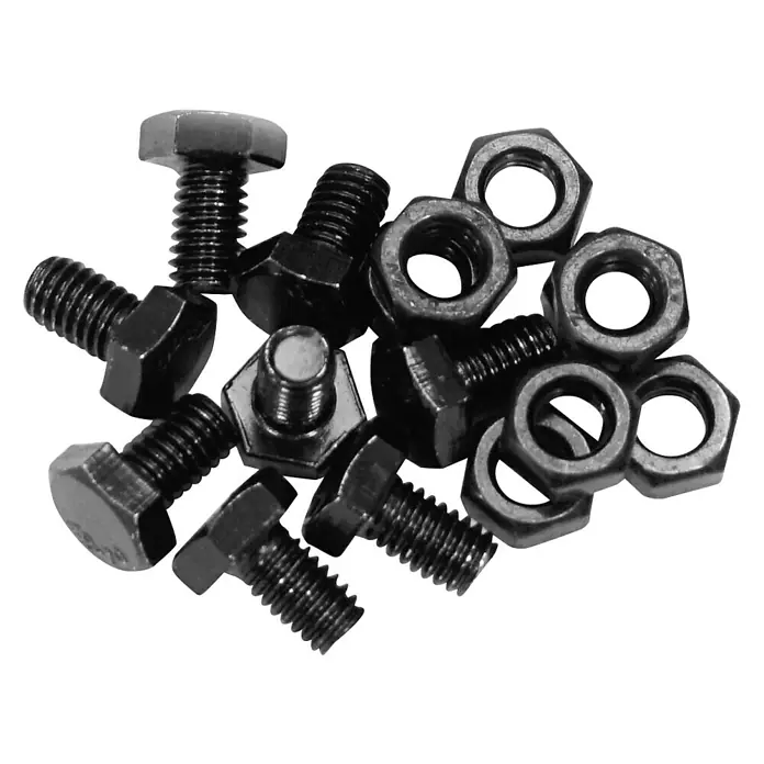 Ersatzteil-Set - 8 Stk., Passend für: Gardol Metall-Hochbeet 2x1 - Nahaufnahme einer Ansammlung von schwarzen Schrauben und Muttern, ideal für Bau- und Reparaturprojekte. Sie sind robust, zuverlässig und vielseitig einsetzbar.