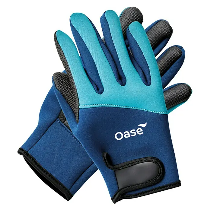 Oase Gartenhandschuhe PondGloves Teichhandschuhe - L, Blau - Ein Paar blaue Oase-Gartenhandschuhe mit türkisfarbenen Fingern und schwarzen, strukturierten Handflächen für den sicheren Halt beim Arbeiten im Garten.